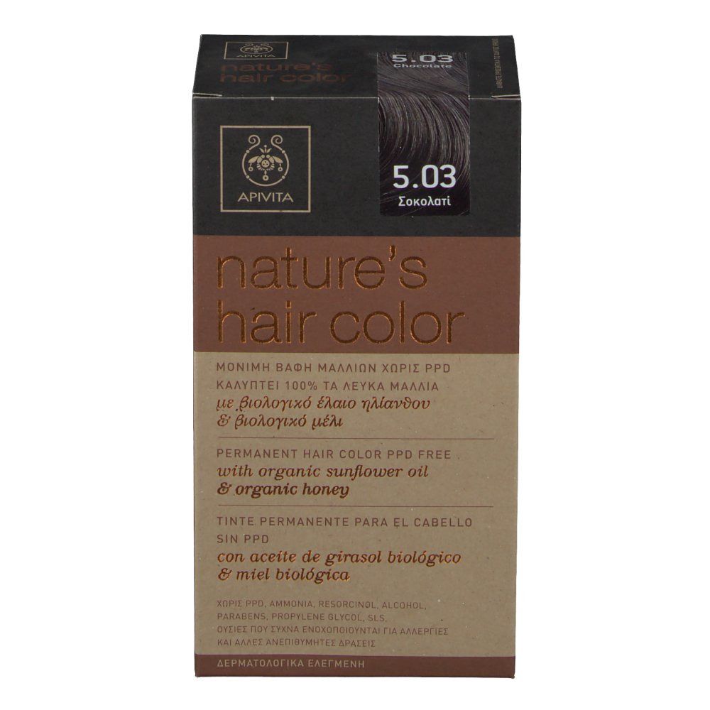 Boîte de coloration capillaire. Inscription : Apivita, Nature's Hair Color, 5.03 Chocolat. Sans PPD, avec huile de tournesol et miel.