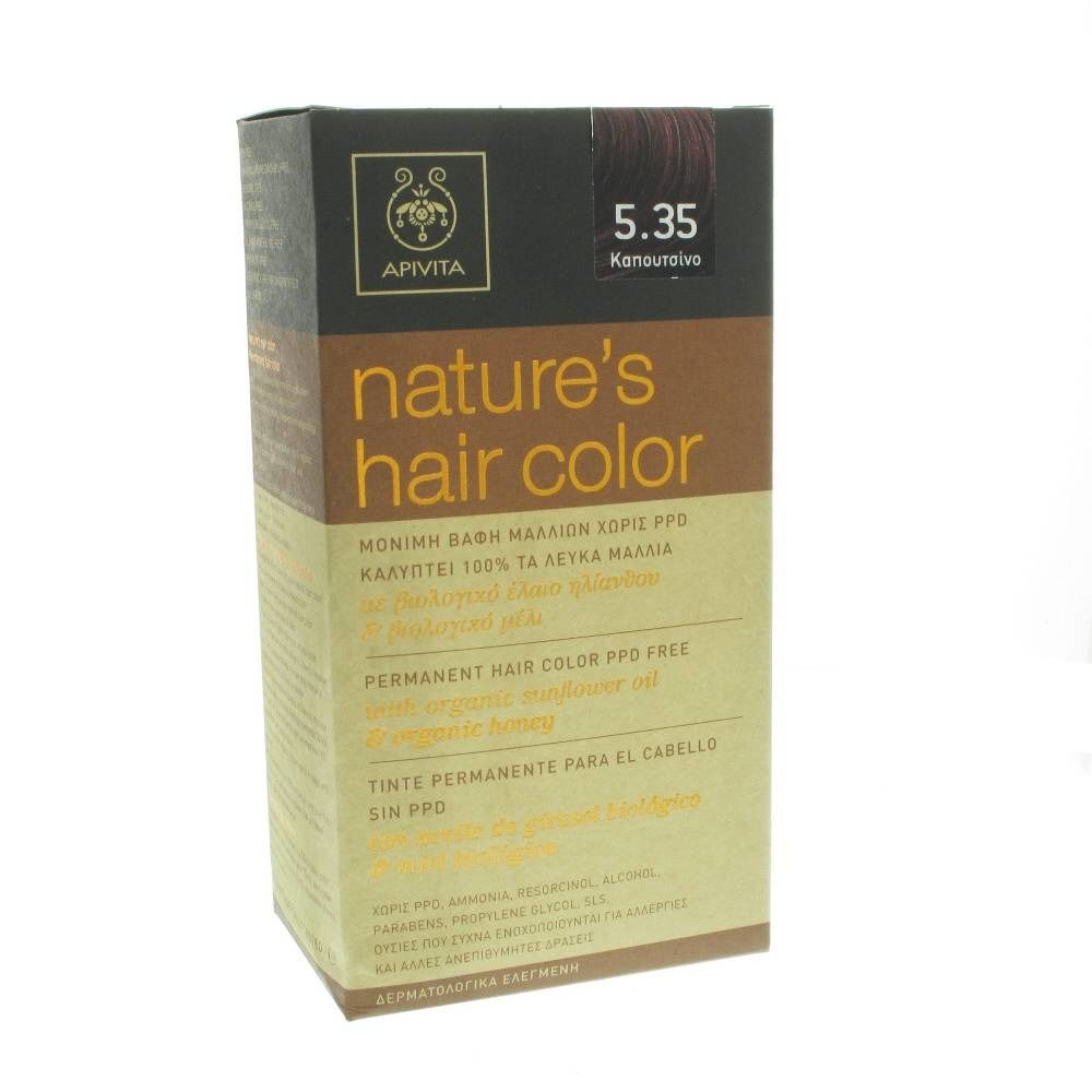 Boîte de coloration capillaire Apivita 5.35 Cappuccino. Inscription nature's hair color. Sans PPD.