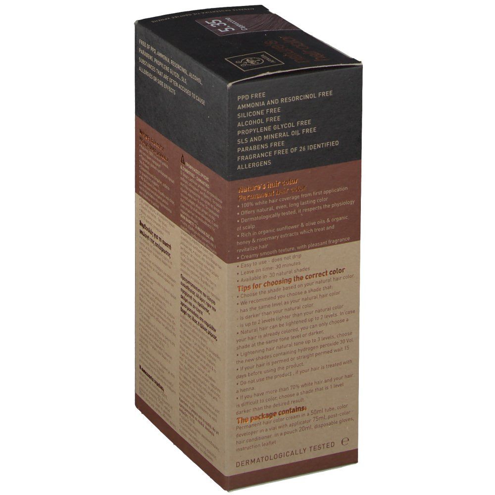 Boîte de coloration capillaire Apivita. Sans PPD, ammoniaque, résorcine, silicone, alcool, propylène glycol, SLS.