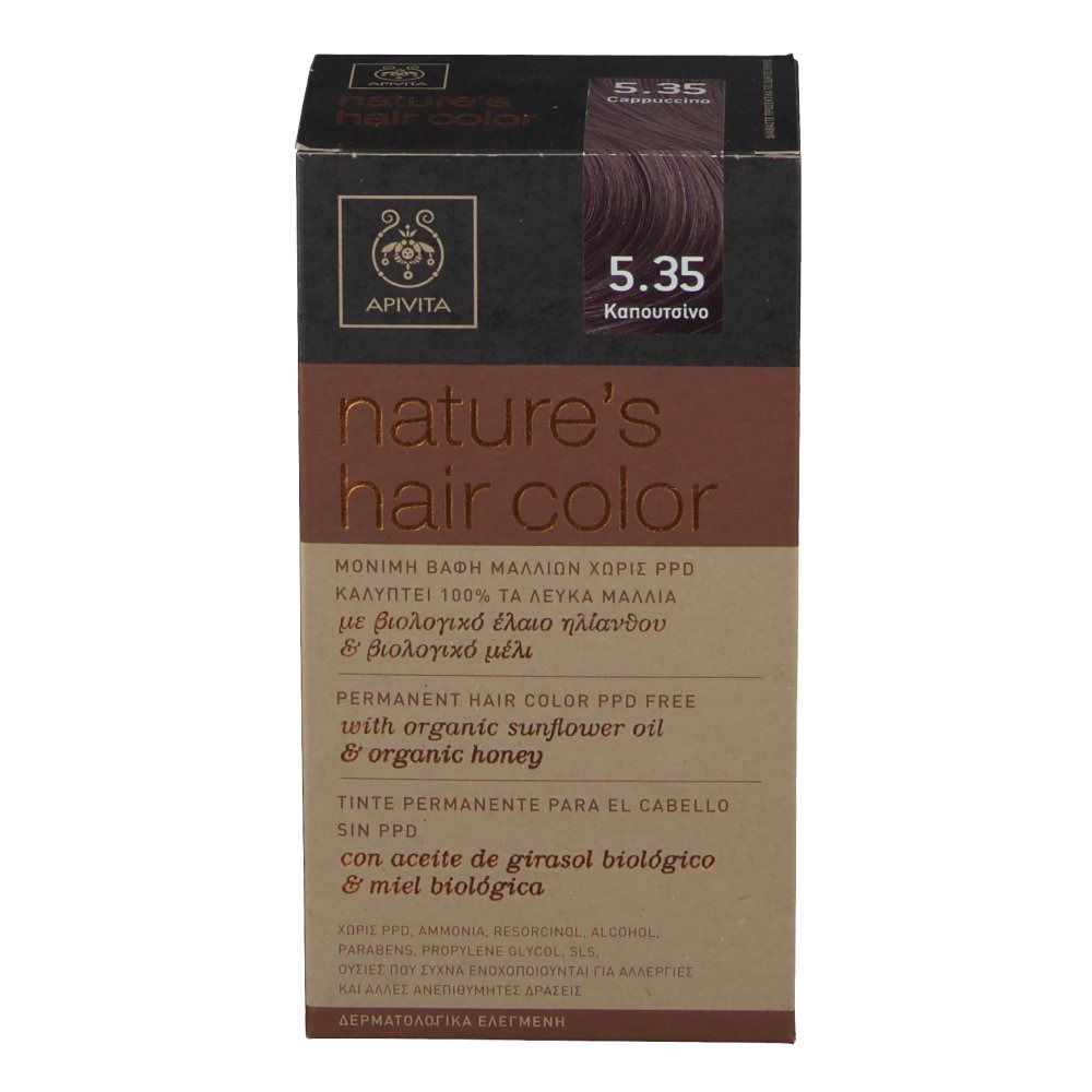 Boîte de coloration capillaire Apivita 5.35 Cappuccino. Inscription nature's hair color. Sans PPD.
