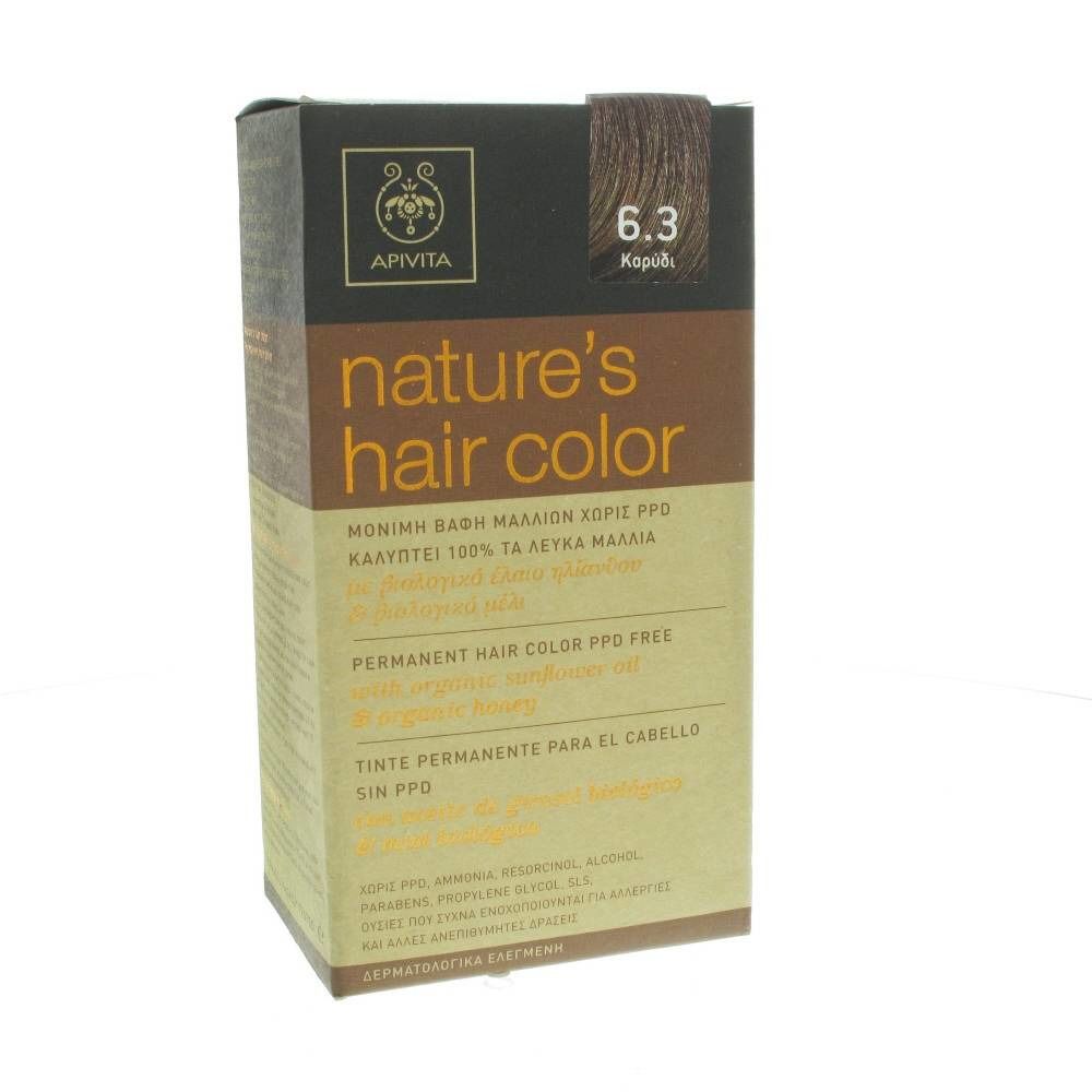 Boîte Apivita 'nature's hair color', numéro de couleur 6.3. Inscriptions en plusieurs langues.