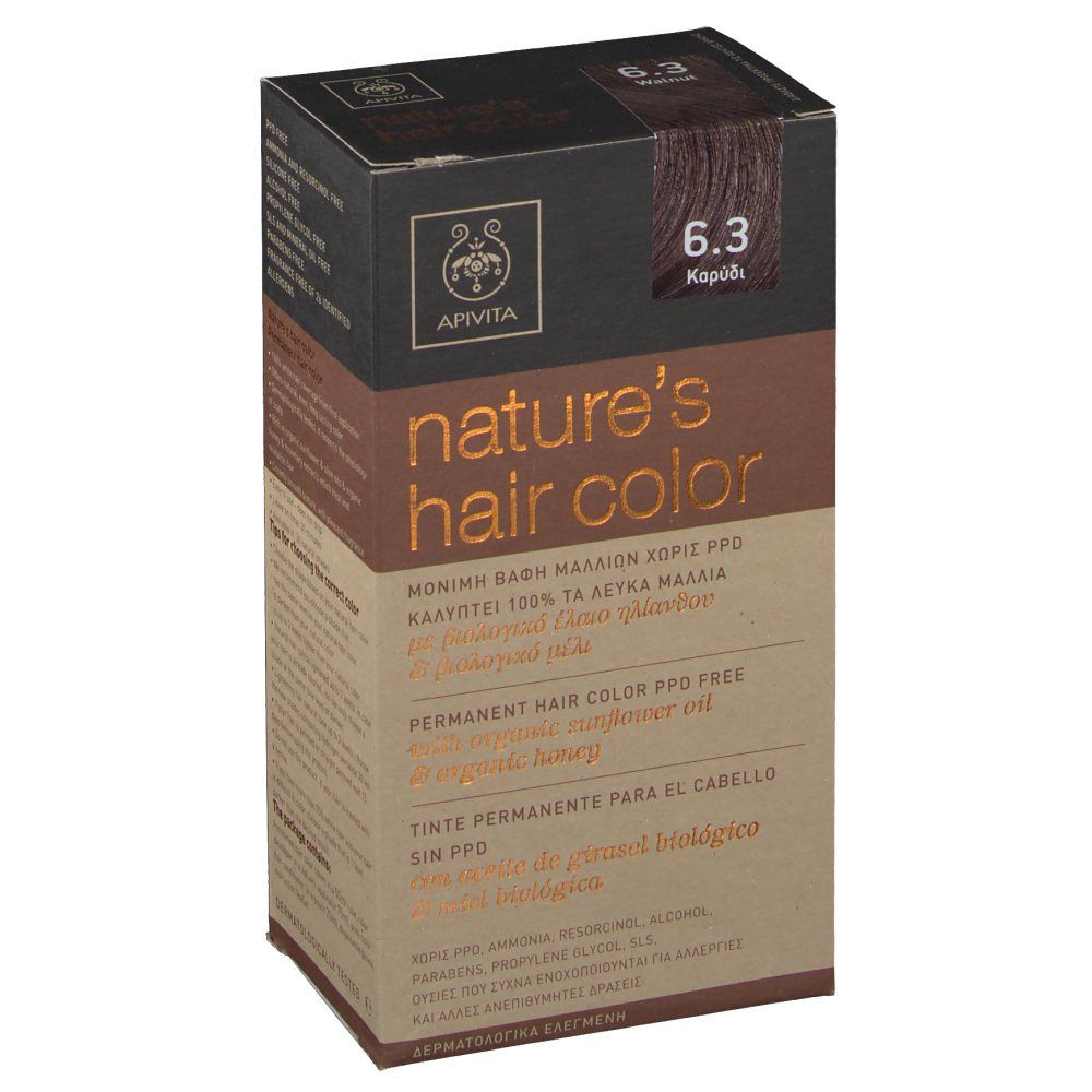 Boîte Apivita 'nature's hair color', numéro de couleur 6.3. Inscriptions multilingues.