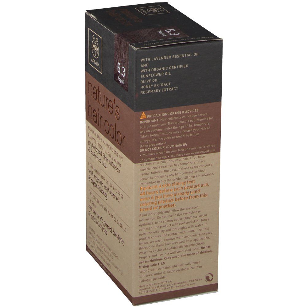Vue latérale de la boîte de coloration Apivita. Informations sur les ingrédients et l'utilisation.