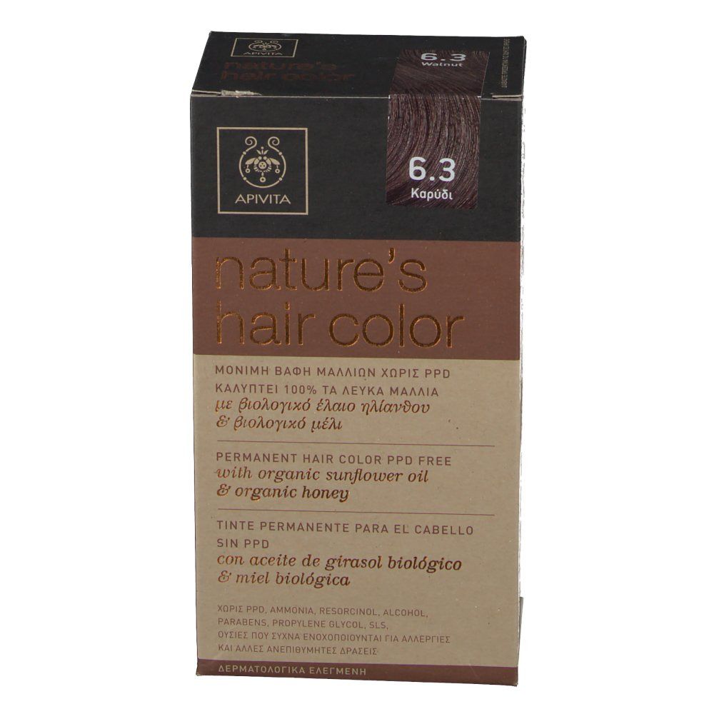 Boîte Apivita 'nature's hair color', numéro de couleur 6.3. Inscriptions en plusieurs langues.