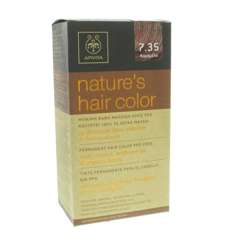 Haarkleurdoosje Apivita. Opschrift: nature's hair color, tint 7.35 Caramel. PPD-vrij, met zonnebloemolie en honing.