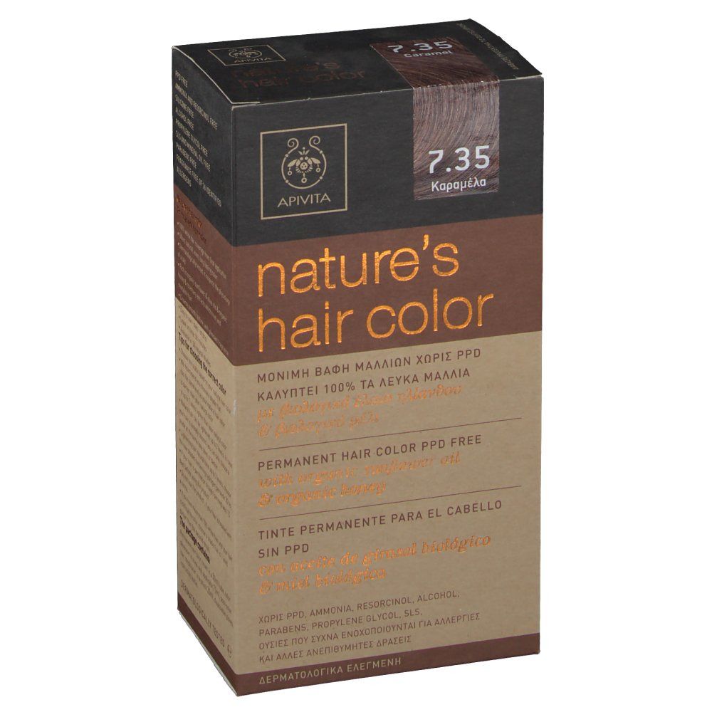 Haarkleurdoosje Apivita. Opschrift: nature's hair color, tint 7.35 Caramel. PPD-vrij, met zonnebloemolie en honing.