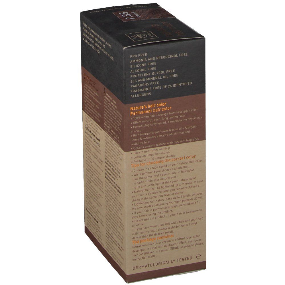 Zijkant haarkleurdoosje. Opschrift: Apivita, nature's hair color. Vrij van PPD, ammoniak, resorcinol, siliconen, alcohol, etc. Dermatologisch getest.