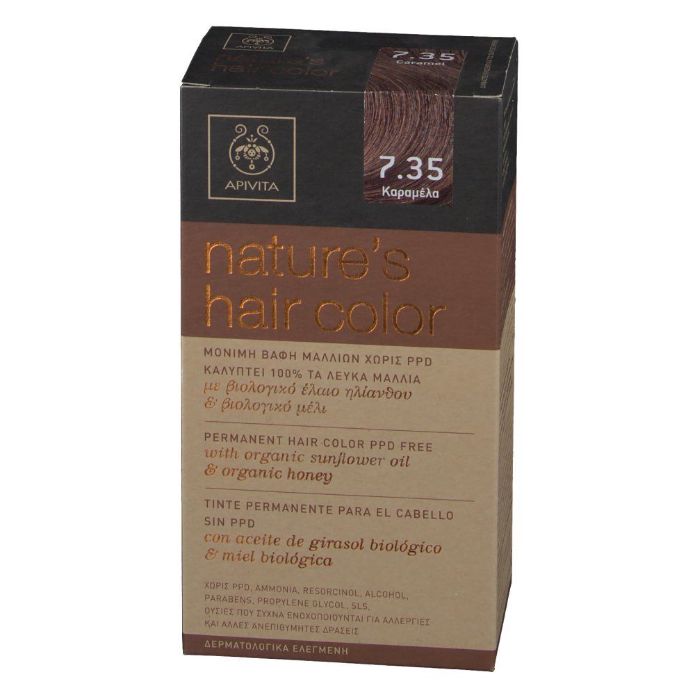 Haarkleurdoosje Apivita. Opschrift: nature's hair color, tint 7.35 Caramel. PPD-vrij, met zonnebloemolie en honing. Dermatologisch getest.