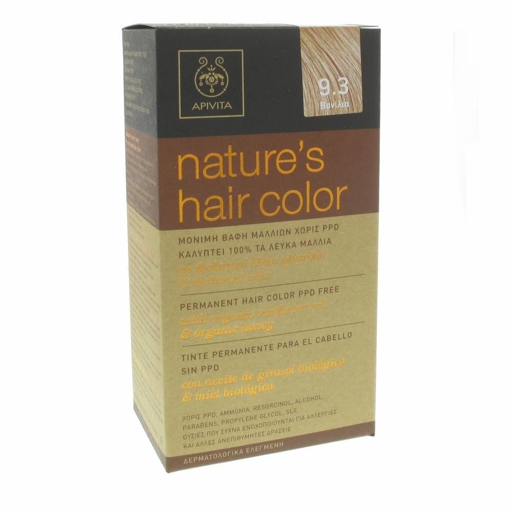 Boîte de coloration capillaire avec nom et teinte du produit. Inscription : nature's hair color, 9.3 Vanille. Logo : abeille.
