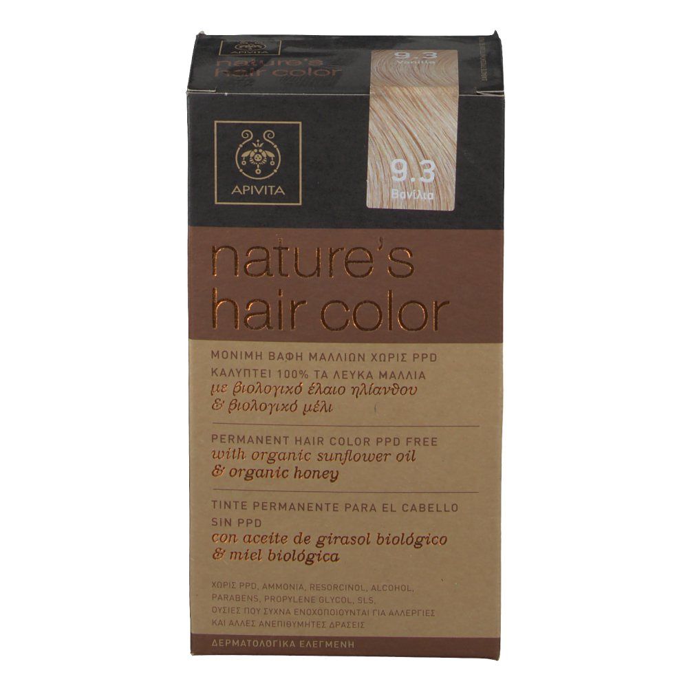 Boîte de coloration capillaire avec nom et teinte du produit. Inscription : nature's hair color, 9.3 Vanille. Logo : abeille.
