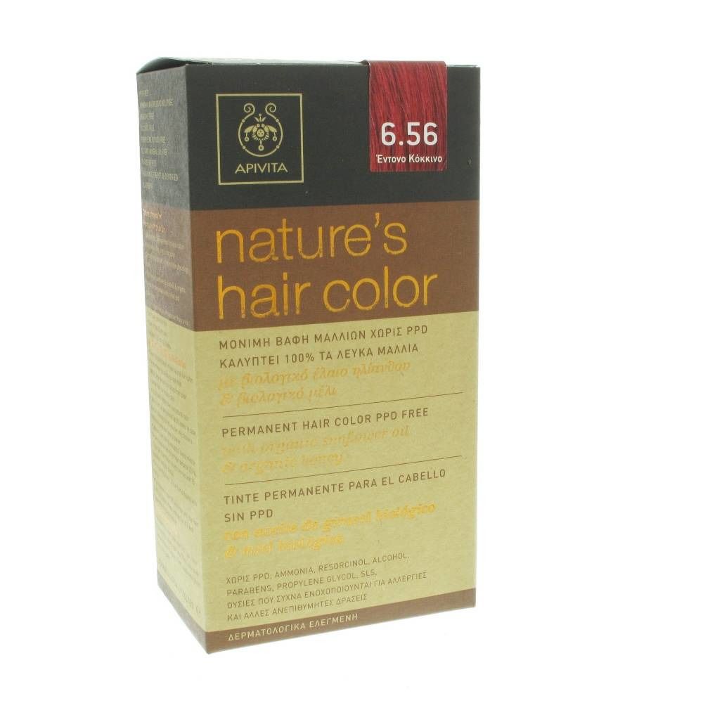 Confezione Apivita Coloration Capillaire N6.56. Scritta: nature's hair color. Colore rosso intenso. Informazioni sul prodotto.