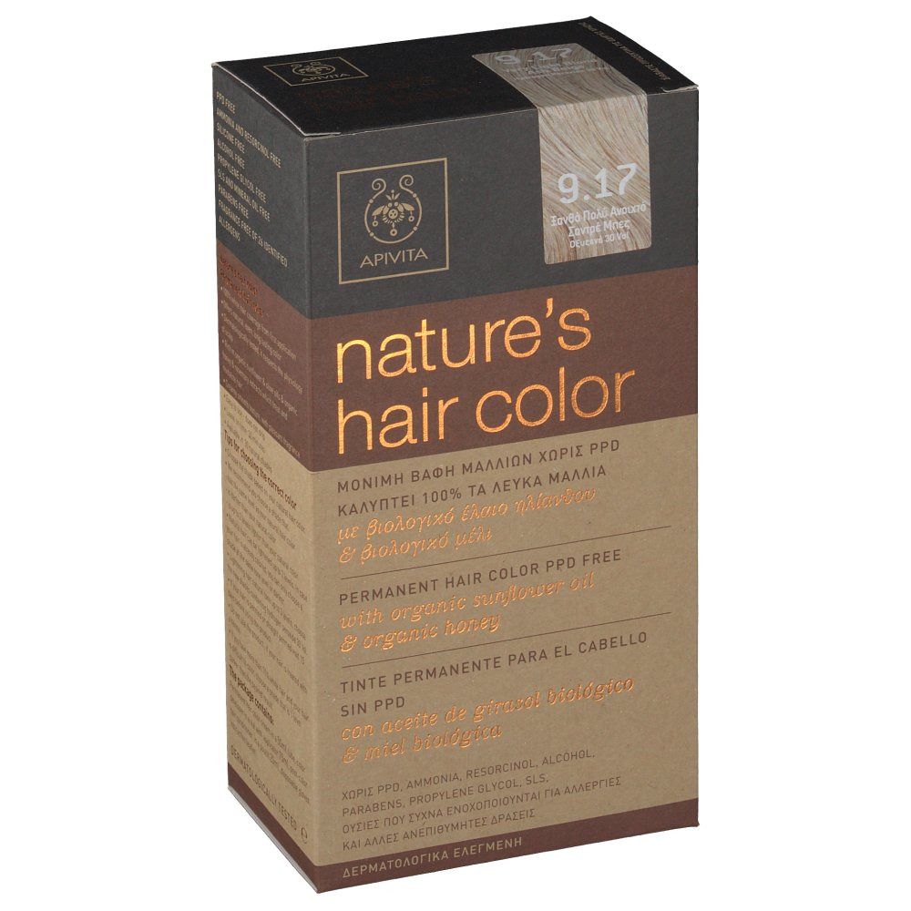 Haarfarben-Verpackung. Aufschrift: Apivita, Nature's Hair Color, 9.17 Blond Très Clair Cendre Beige. PPD-frei, mit Bio-Sonnenblumenöl und Bio-Honig.