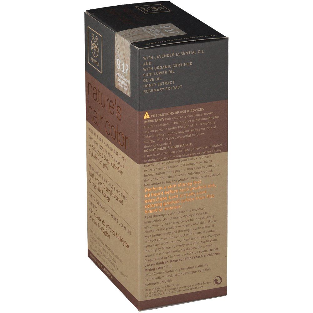 Seitenansicht der Haarfarben-Verpackung. Enthält Lavendelöl, Sonnenblumenöl, Olivenöl, Honigextrakt und Rosmarinextrakt. Vorsichtsmaßnahmen und Hinweise.