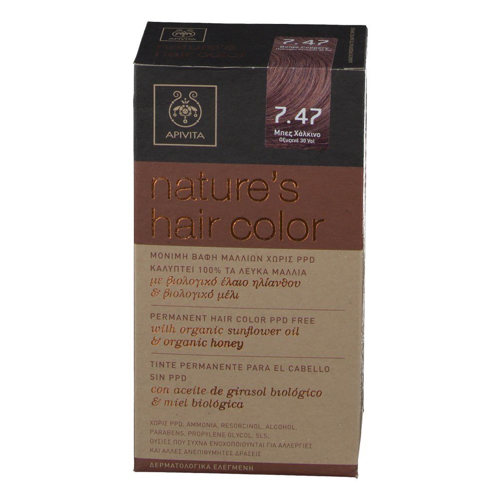 Boîte de coloration capillaire Apivita. Teinte 7.47 Beige Cuivre. Inscription: nature's hair color. Coloration permanente sans PPD.