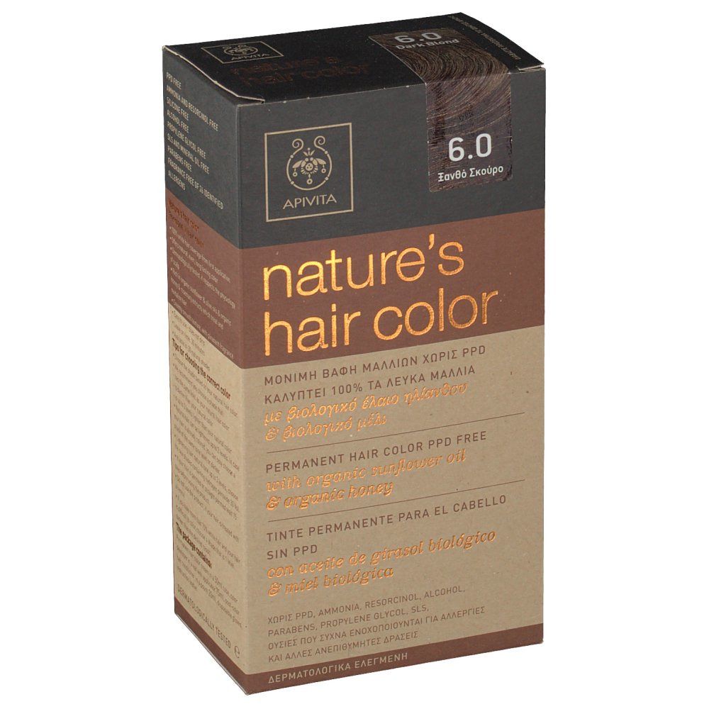 Boîte de coloration capillaire Apivita. Inscription : Nature's hair color, 6.0 Blond Fonce. Contient de l'huile de tournesol et du miel.