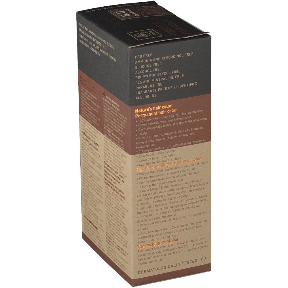Vue latérale de la boîte. Texte multilingue. Informations sur les ingrédients et avertissements. Testé dermatologiquement.
