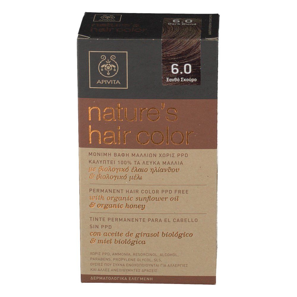 Vue de face de la boîte. Inscription : Apivita, Nature's hair color, 6.0 Blond Fonce. Contient de l'huile de tournesol et du miel. Testé dermatologiquement.