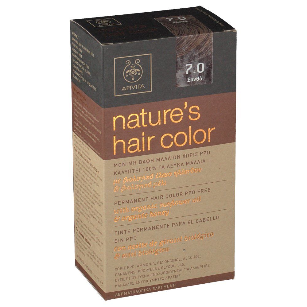 Boîte de coloration capillaire Apivita. Texte : nature's hair color, 7.0 Blond. Sans PPD. Emballage marron et beige.