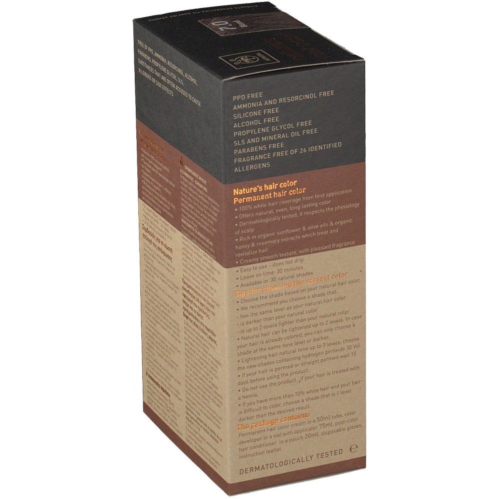 Boîte de coloration capillaire Apivita. Côté avec texte. Sans PPD, ammoniaque, résorcine, silicone, alcool, parabènes, SLS.