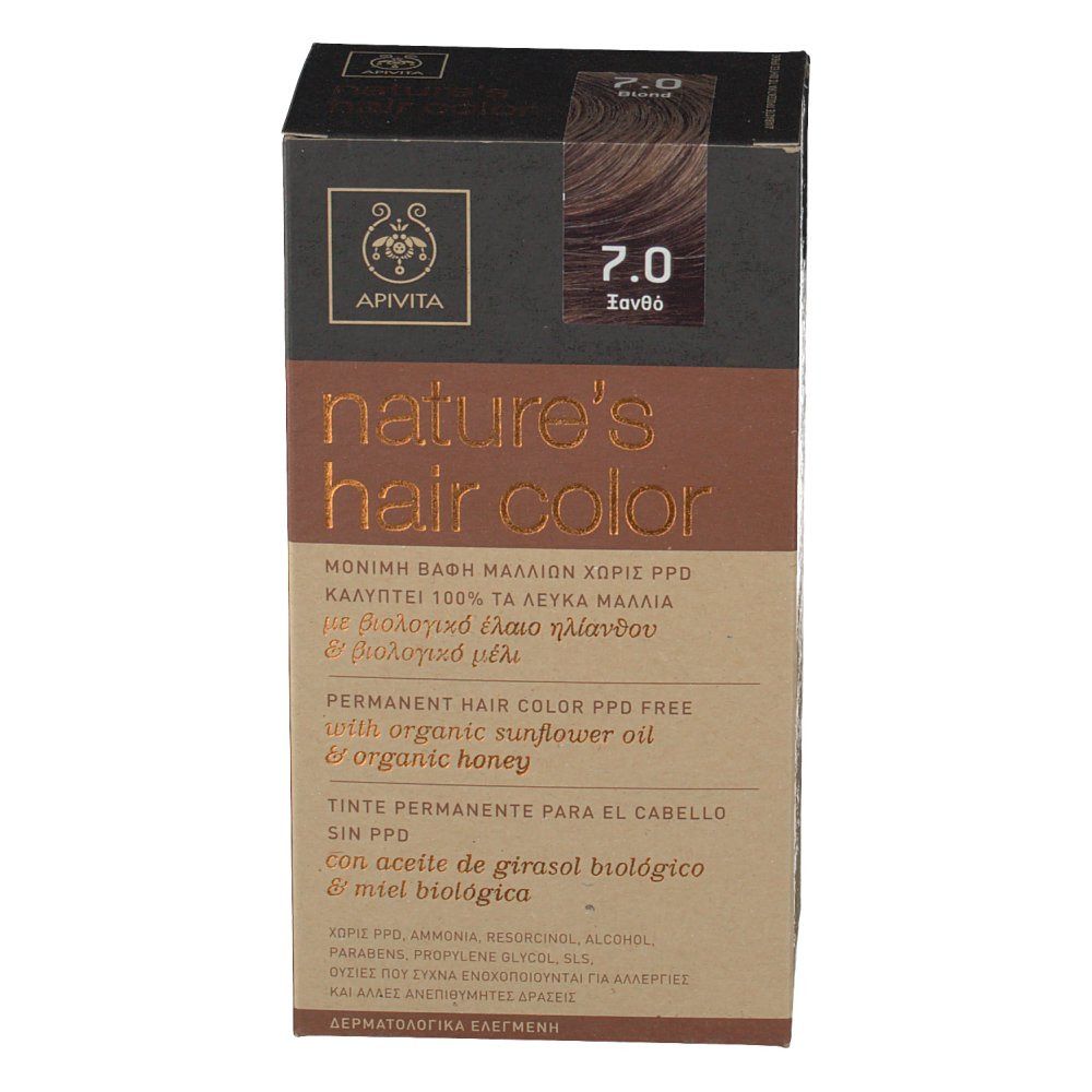 Boîte de coloration capillaire Apivita. Texte : nature's hair color, 7.0 Blond. Sans PPD. Emballage marron et beige.