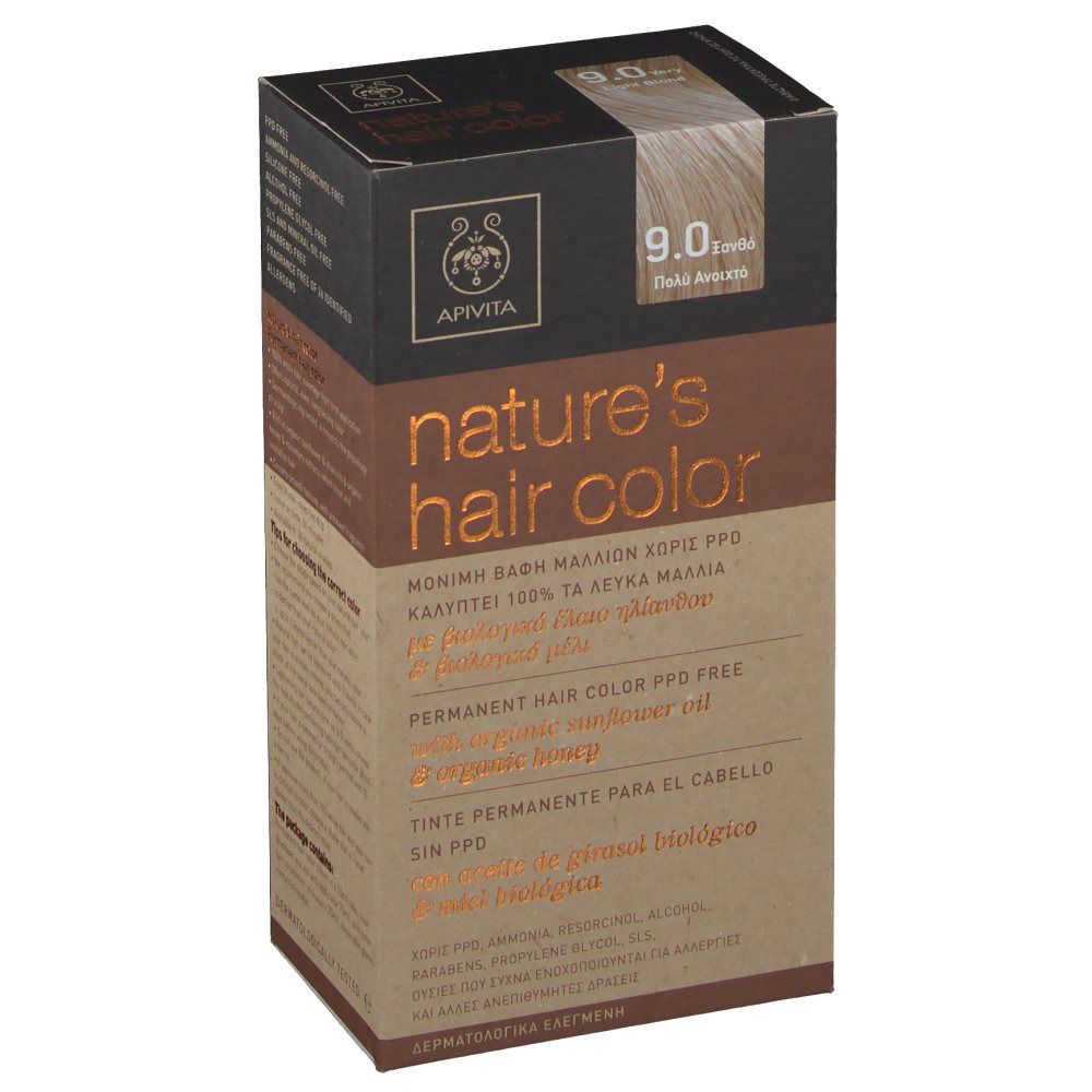 Boîte APIVITA nature's hair color. Informations produit et nuance 9.0 Très blond clair. Couleurs marron et beige.