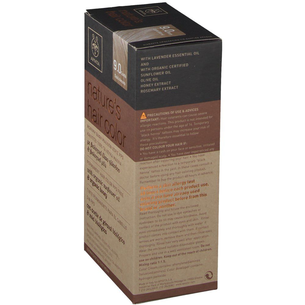 Côté de la boîte APIVITA nature's hair color. Ingrédients et avertissements. Couleurs marron et beige.