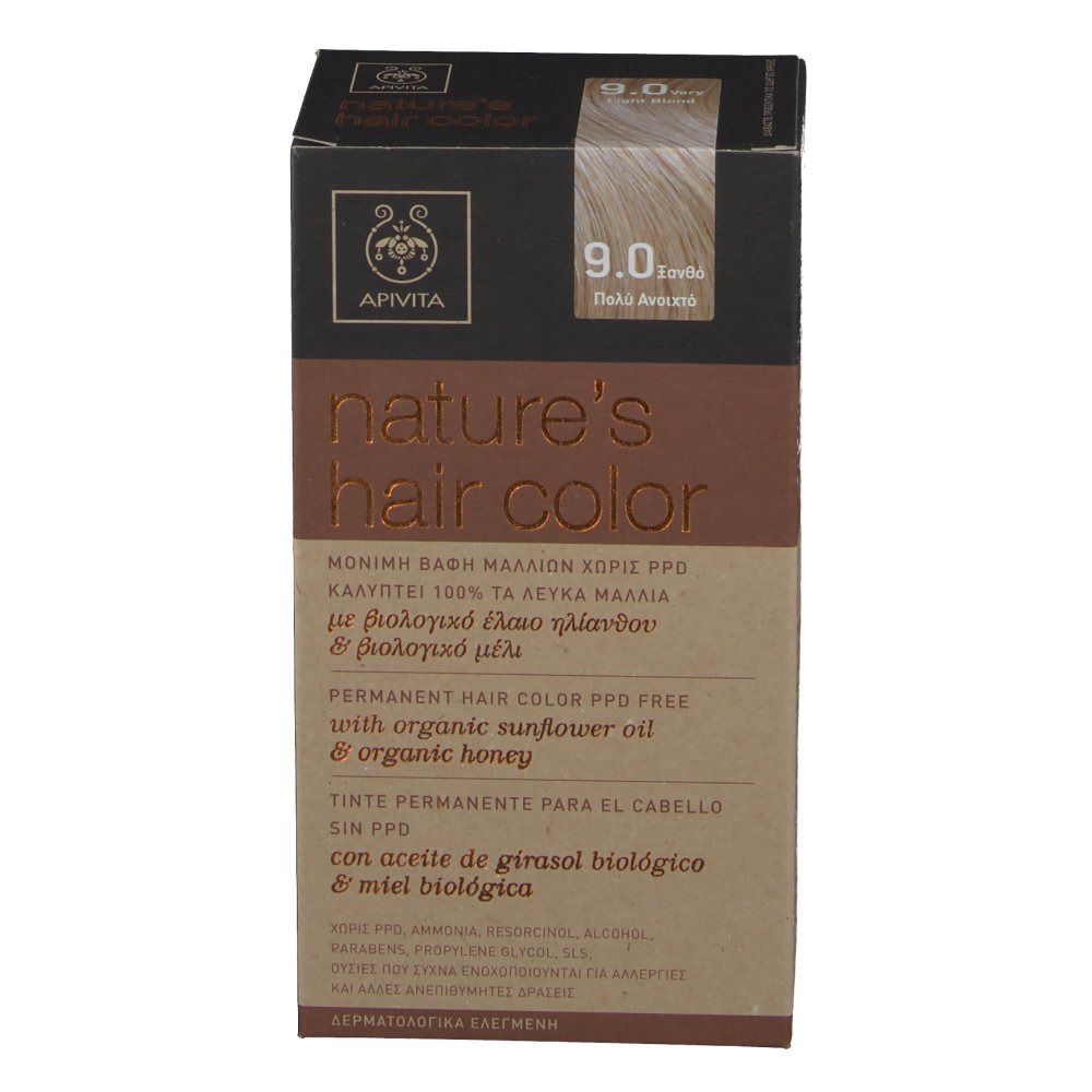 Boîte APIVITA nature's hair color. Informations produit et nuance 9.0 Très blond clair. Couleurs marron et beige.