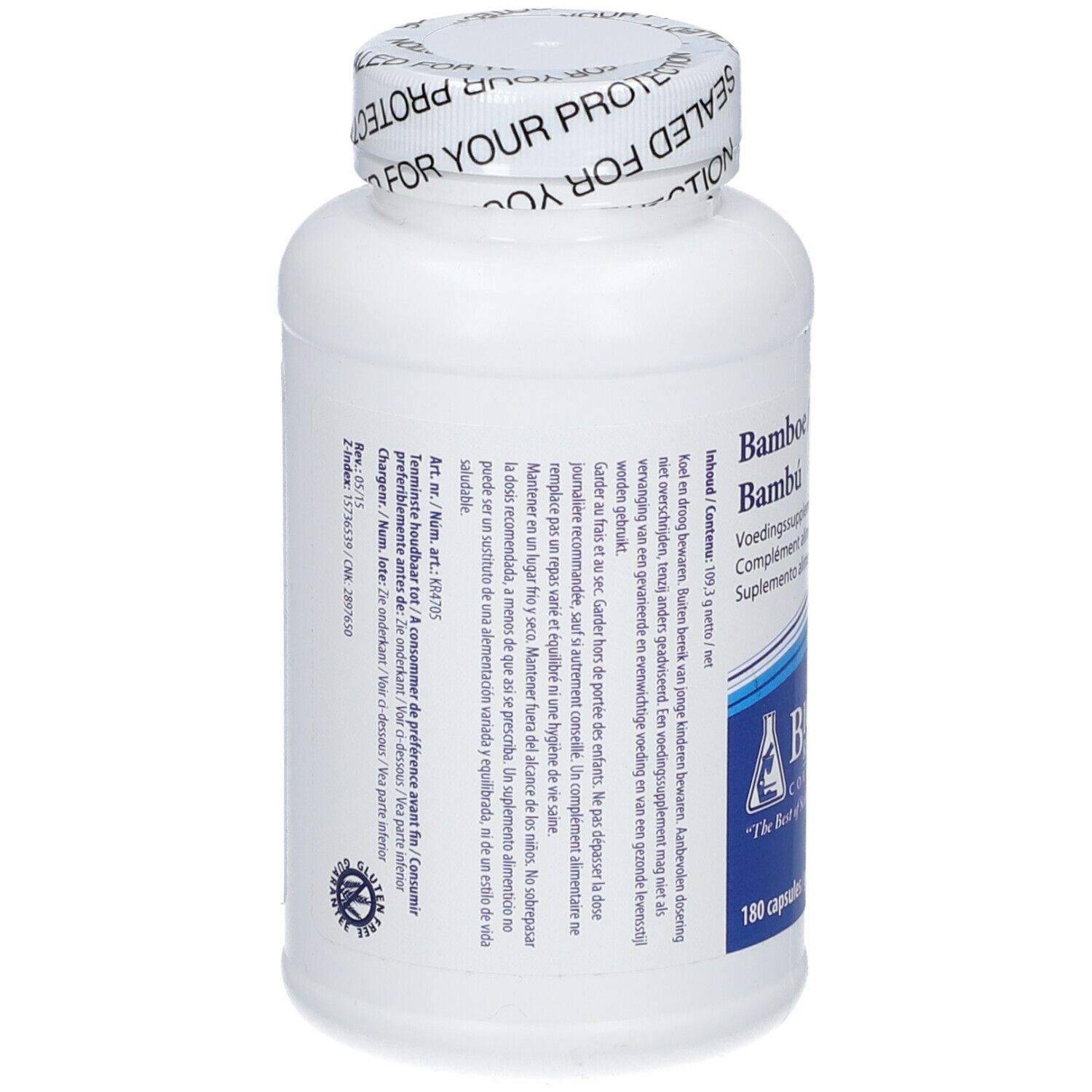 Achterkant van witte fles met Bamboe supplement. Meertalige tekst. BIOTICS RESEARCH logo.