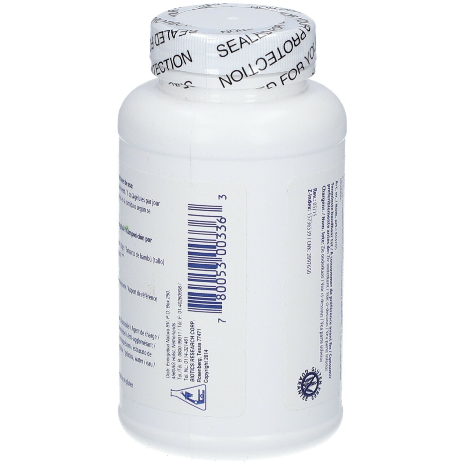 Achterkant witte fles met Bamboe supplement. Barcode en tekst. Verzegeling op de dop.