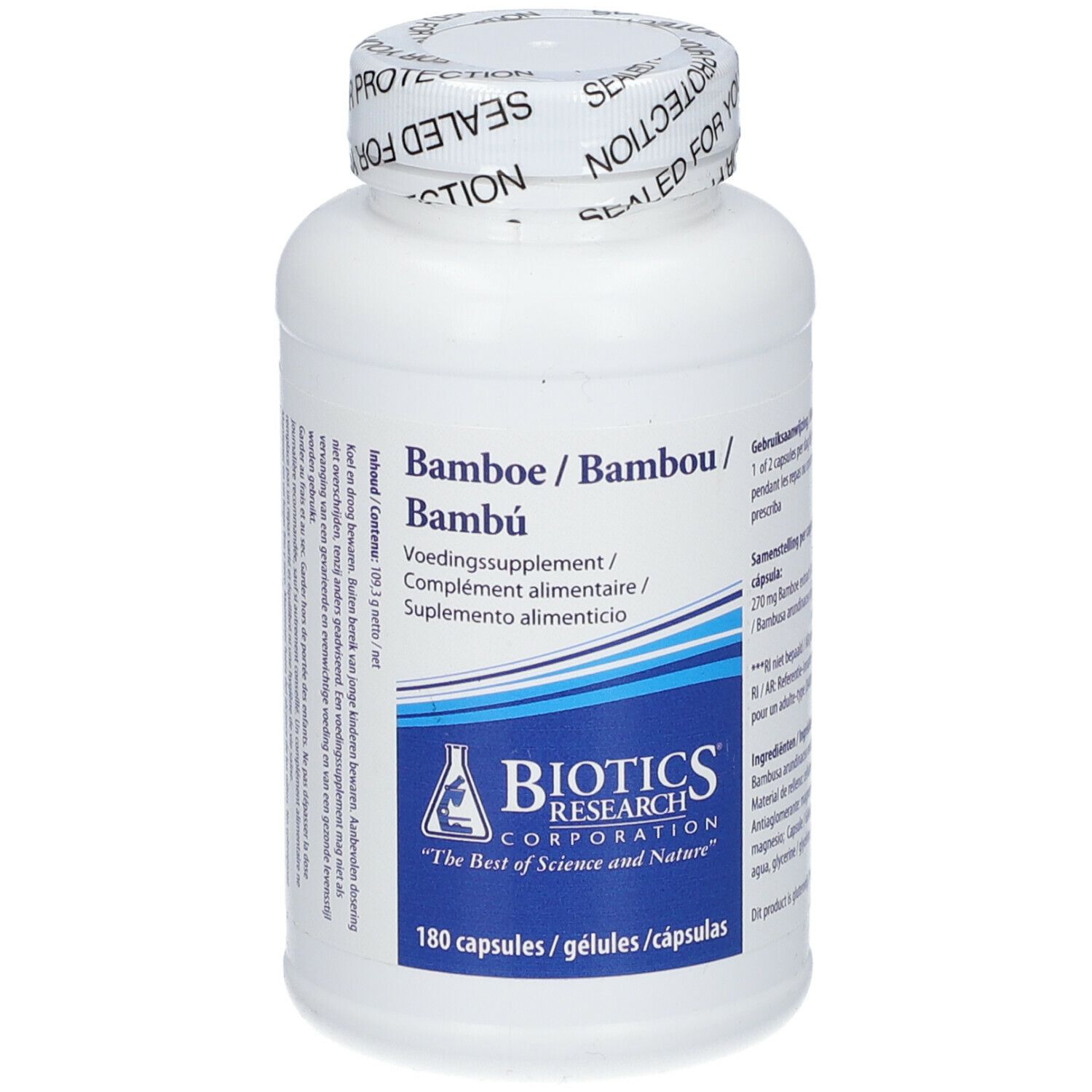 Witte fles met Bamboe voedingssupplement. BIOTICS RESEARCH logo. 180 capsules. Dop.