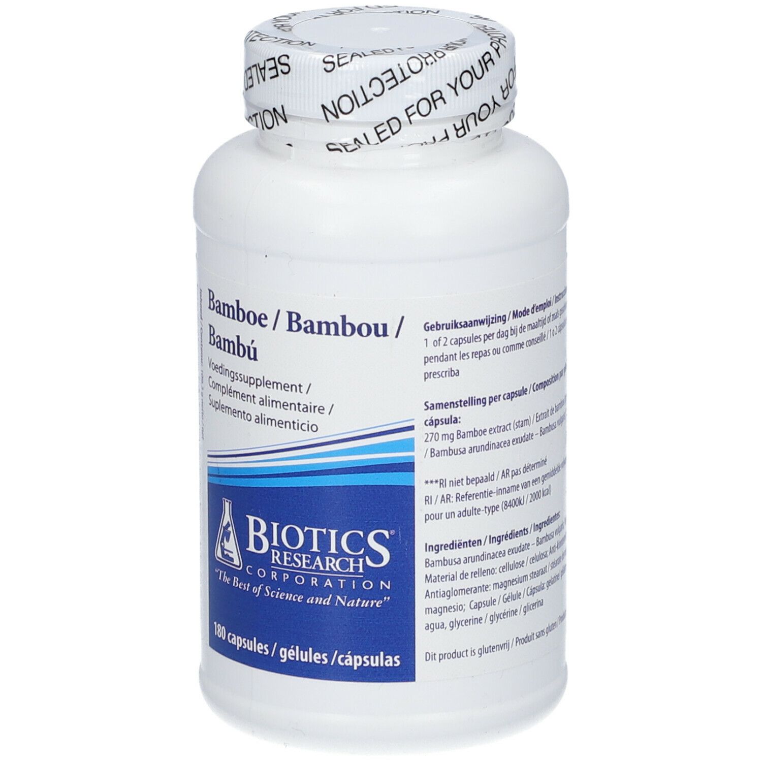 Witte fles met Bamboe voedingssupplement. BIOTICS RESEARCH logo. 180 capsules. Tekst.