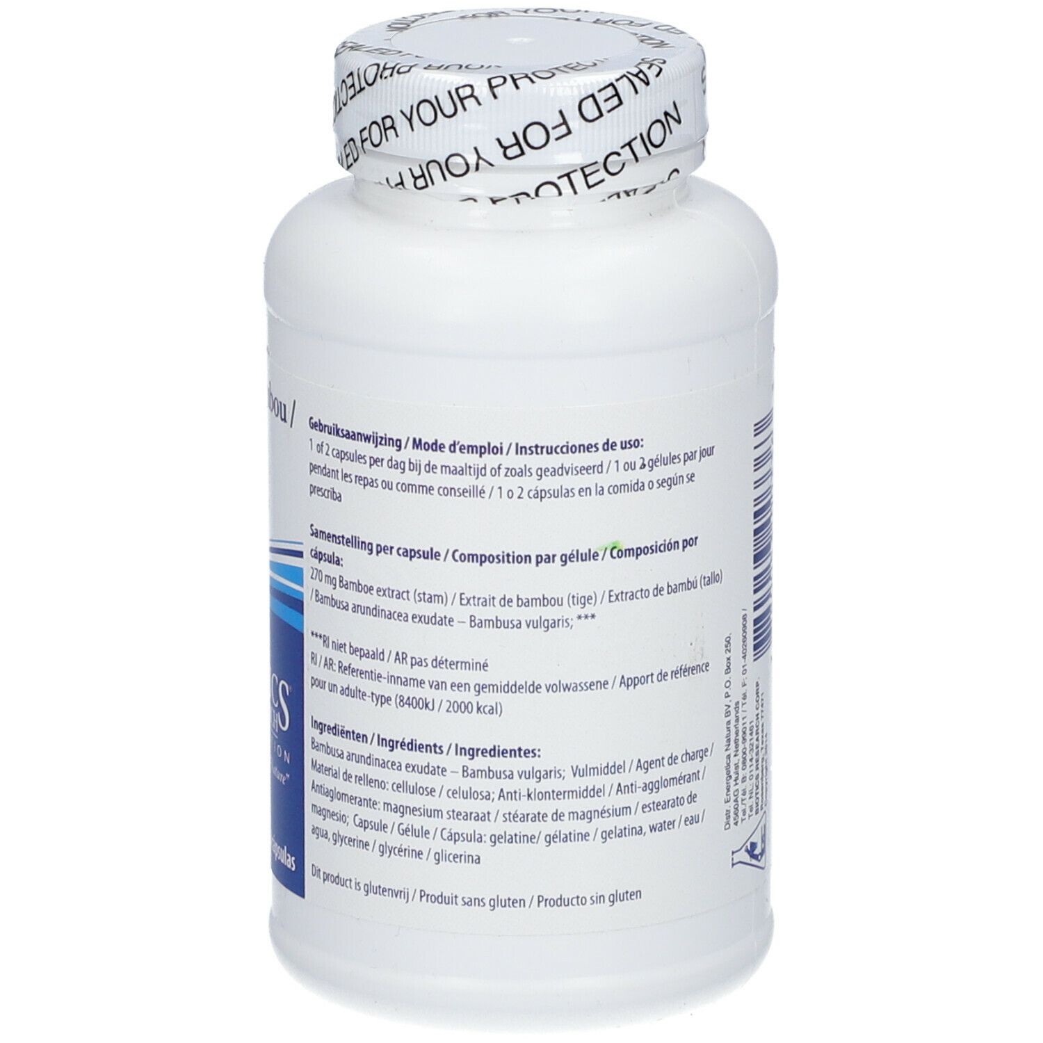 Achterkant witte fles met Bamboe supplement. Meertalige tekst. BIOTICS RESEARCH logo.