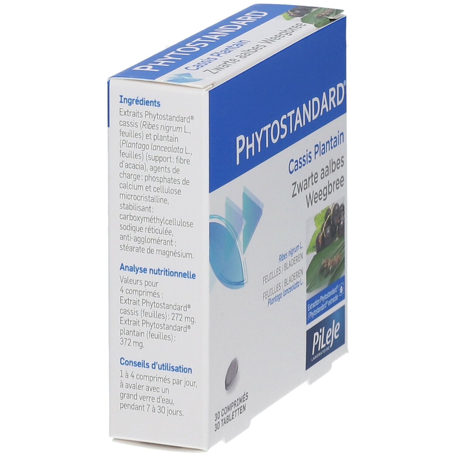 Boîte inclinée. Inscription : PHYTOSTANDARD Cassis Plantain. Ingrédients et valeurs nutritionnelles. 30 comprimés.