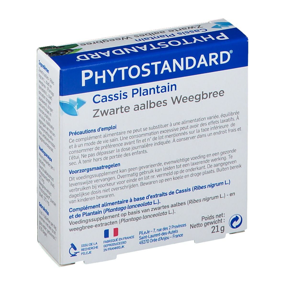 Dos de la boîte. Inscription : PHYTOSTANDARD Cassis Plantain. Précautions et valeurs nutritionnelles. 21g.