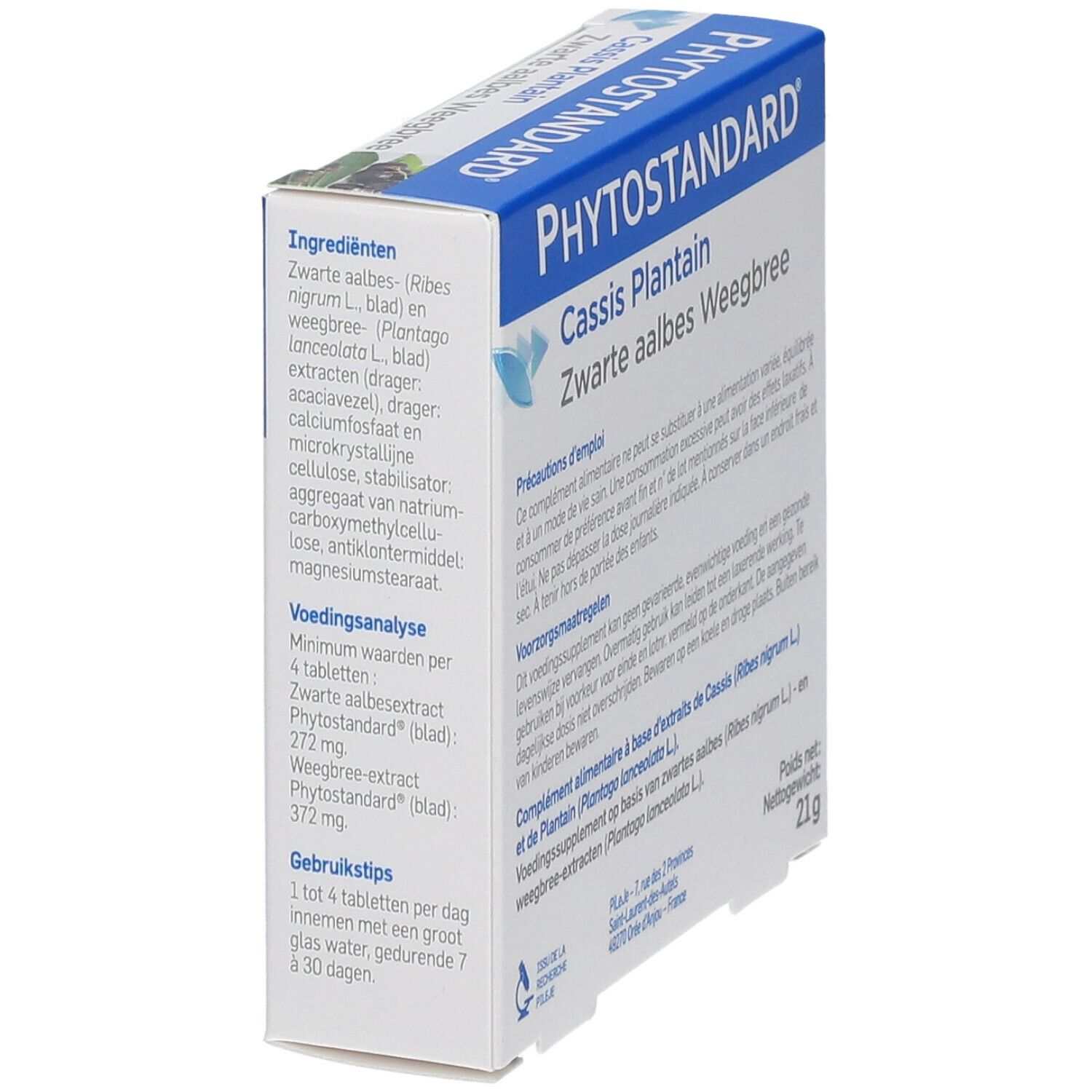 Boîte inclinée. Inscription : PHYTOSTANDARD Cassis Plantain. Ingrédients et conseils d'utilisation. 21g.