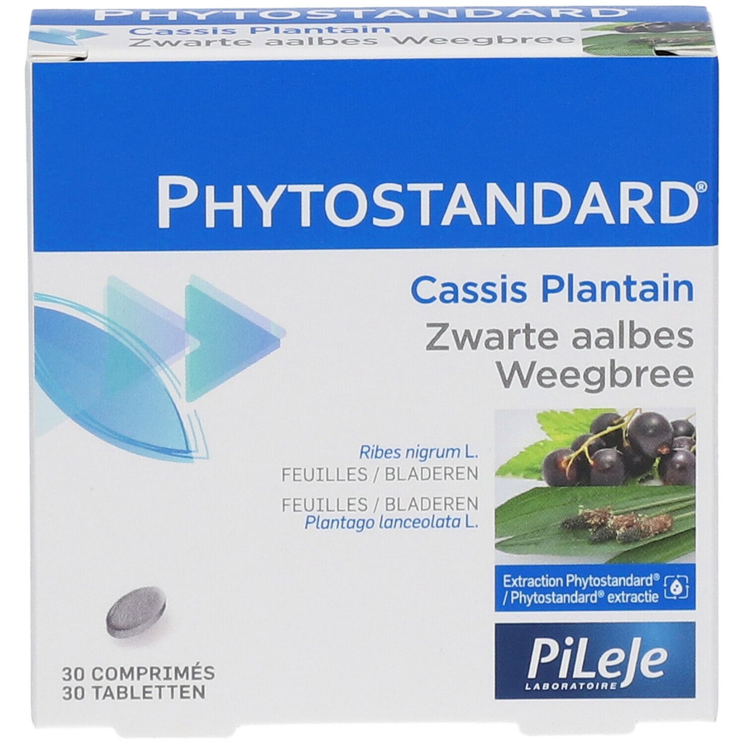 Boîte de comprimés PHYTOSTANDARD Cassis Plantain. Inscription : 30 comprimés. Illustration de cassis et de feuilles.