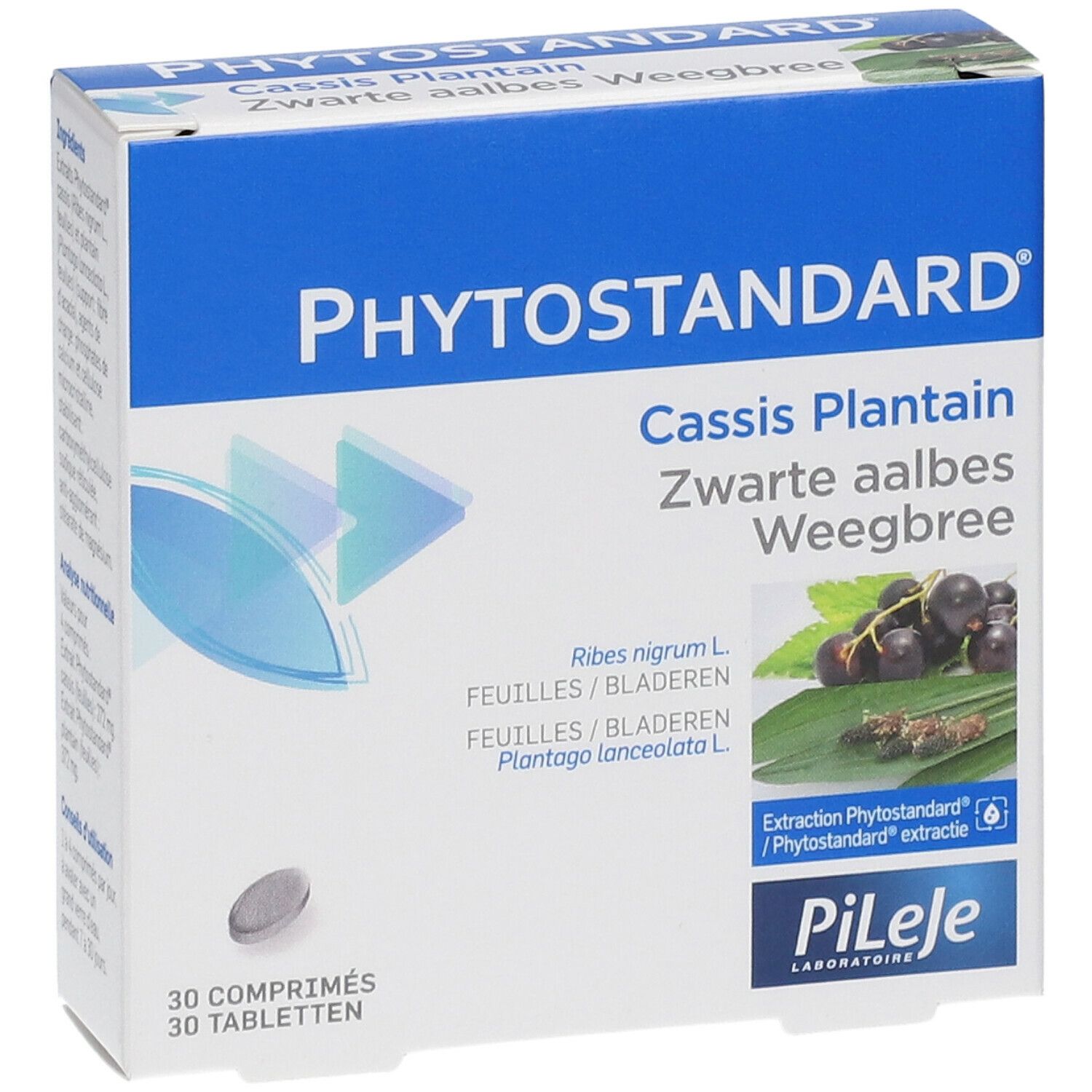 Boîte de comprimés PHYTOSTANDARD Cassis Plantain. Inscription : 30 comprimés. Illustration de cassis et de feuilles.