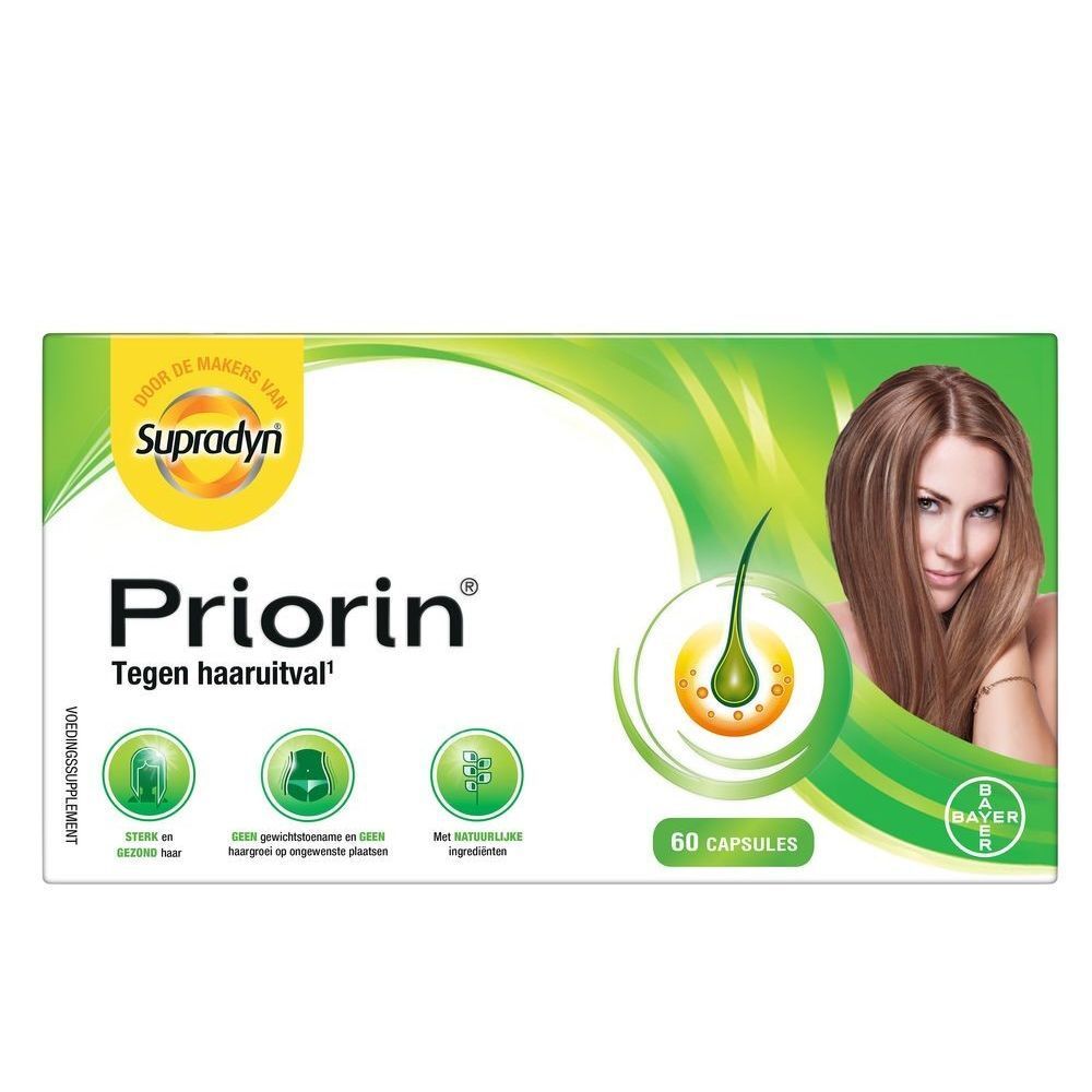 Priorin-verpakking. 60 capsules. Bevat vitaminen, aminozuren en plantenextracten. Tegen haaruitval.