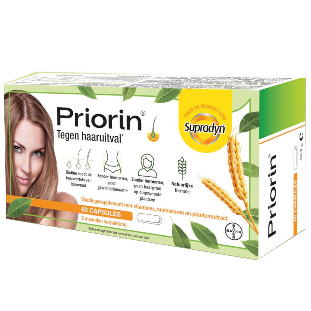 Boîte de Priorin. 60 gélules. Contient vitamines, acides aminés et extraits de plantes. Contre la chute des cheveux.