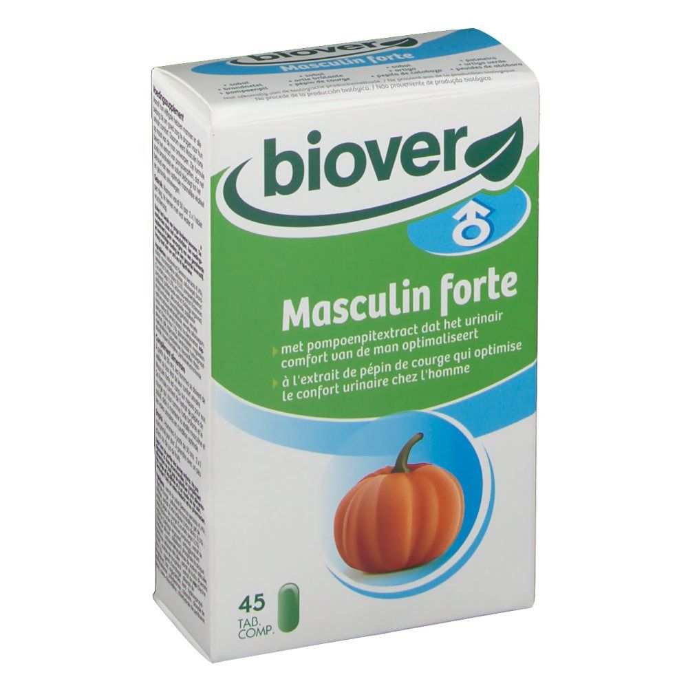 Boîte avec champ vert et illustration de citrouille. Texte: Masculin forte, 45 comprimés. Marque: Biover.