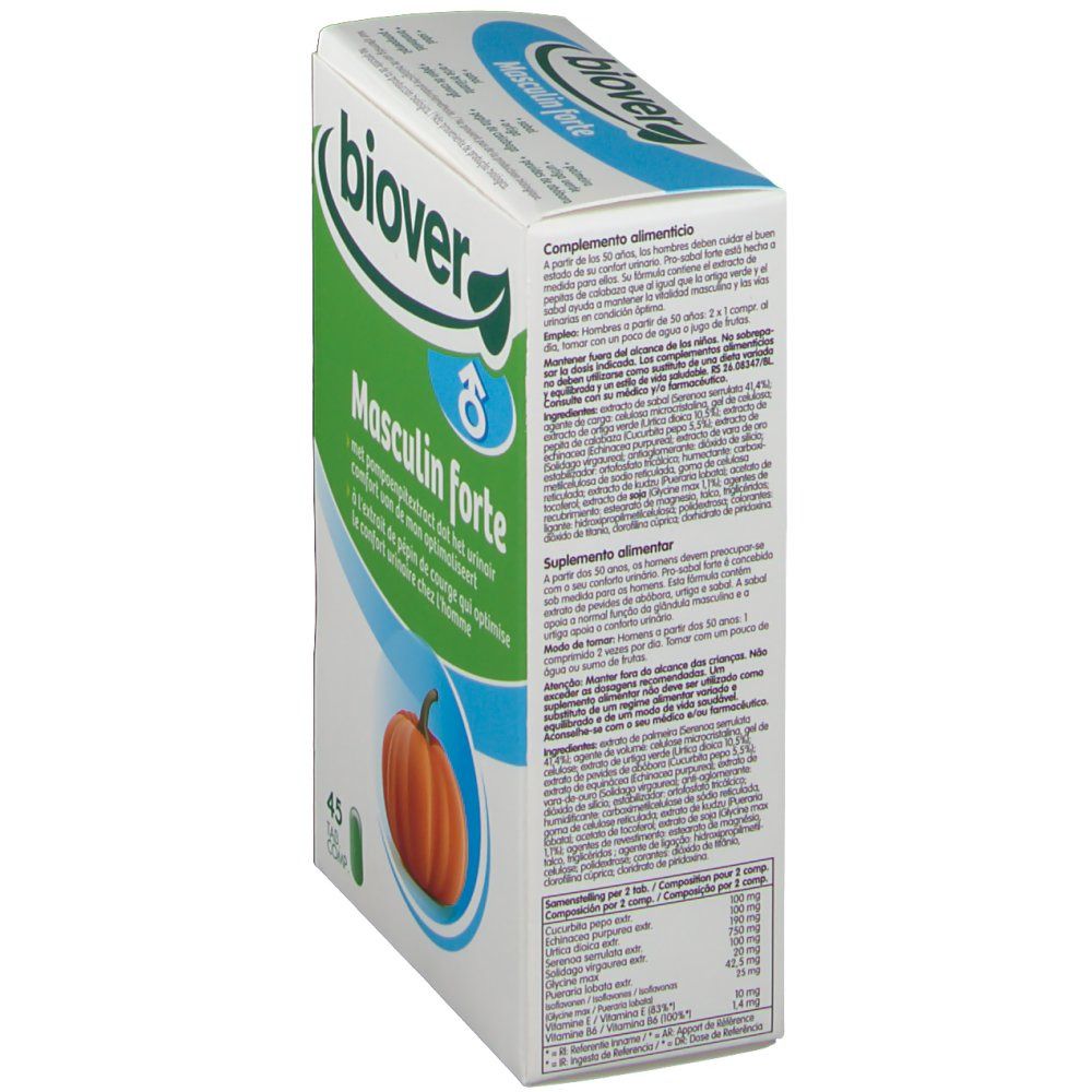 Vue latérale de l'emballage. Texte: Biover, Masculin forte. Contient des informations sur les ingrédients et le dosage.