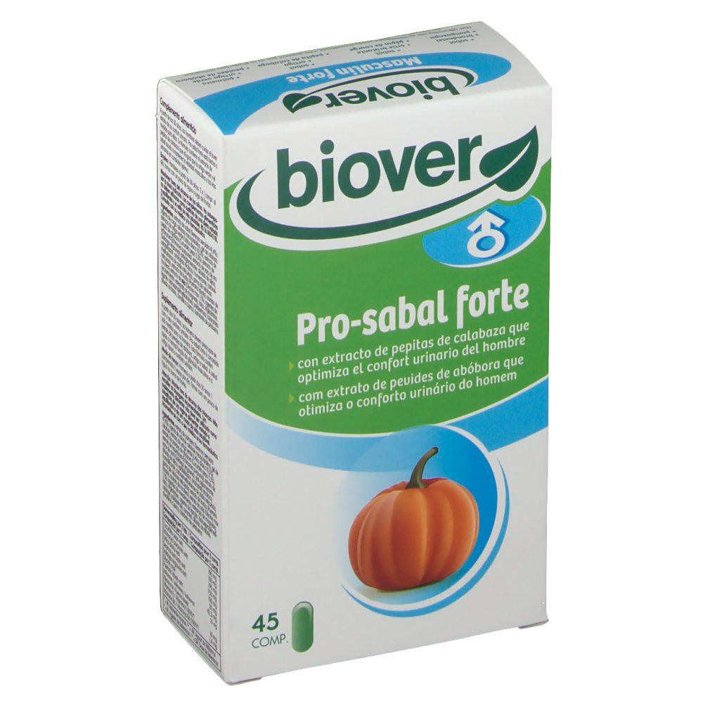 Boîte avec champ vert et illustration de citrouille. Texte: Pro-sabal forte, 45 comprimés. Marque: Biover.