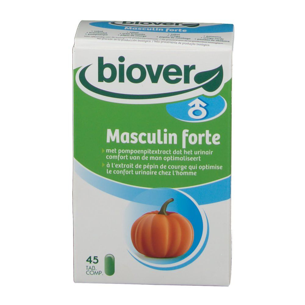 Boîte avec champ vert et illustration de citrouille. Texte: Masculin forte, 45 comprimés. Marque: Biover.