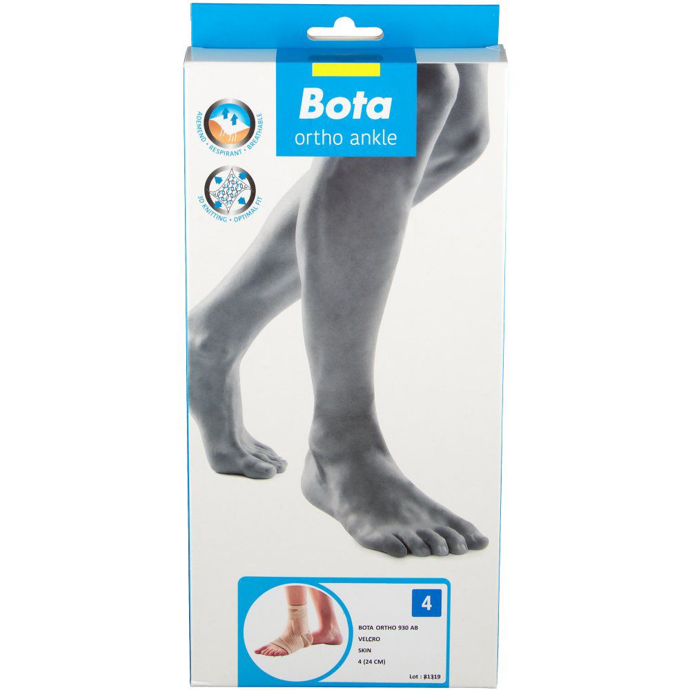 Verpackung für Bota ortho ankle. Vorderseite mit Abbildung von Beinen und Füßen. Produktname und Logo.
