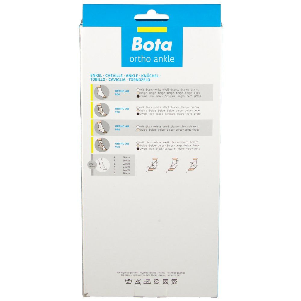 Rückseite der Verpackung für Bota ortho ankle. Produktinformationen, Illustrationen und Größenangaben.
