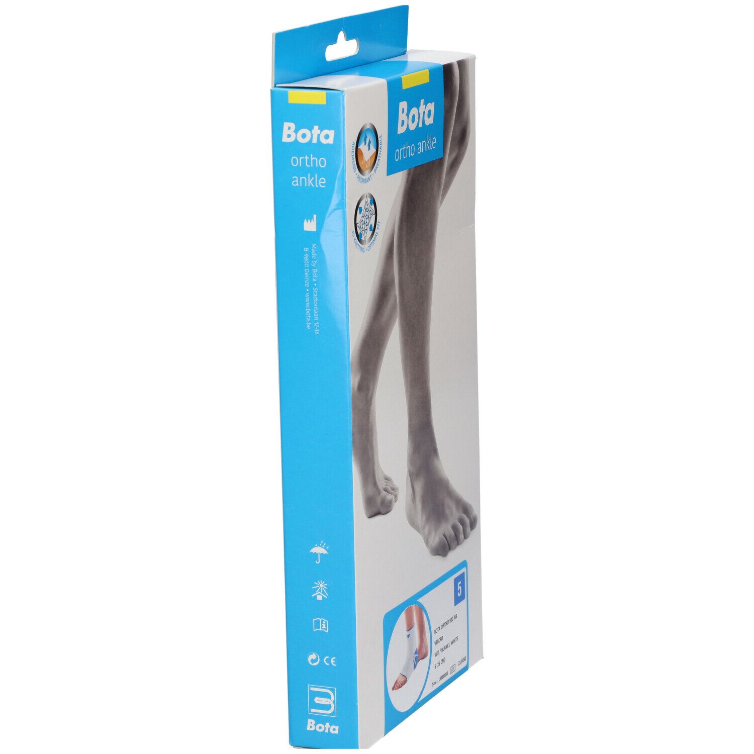 Vue latérale de l'emballage Bota pour cheville. Logo, illustration de pied, informations produit et icônes.