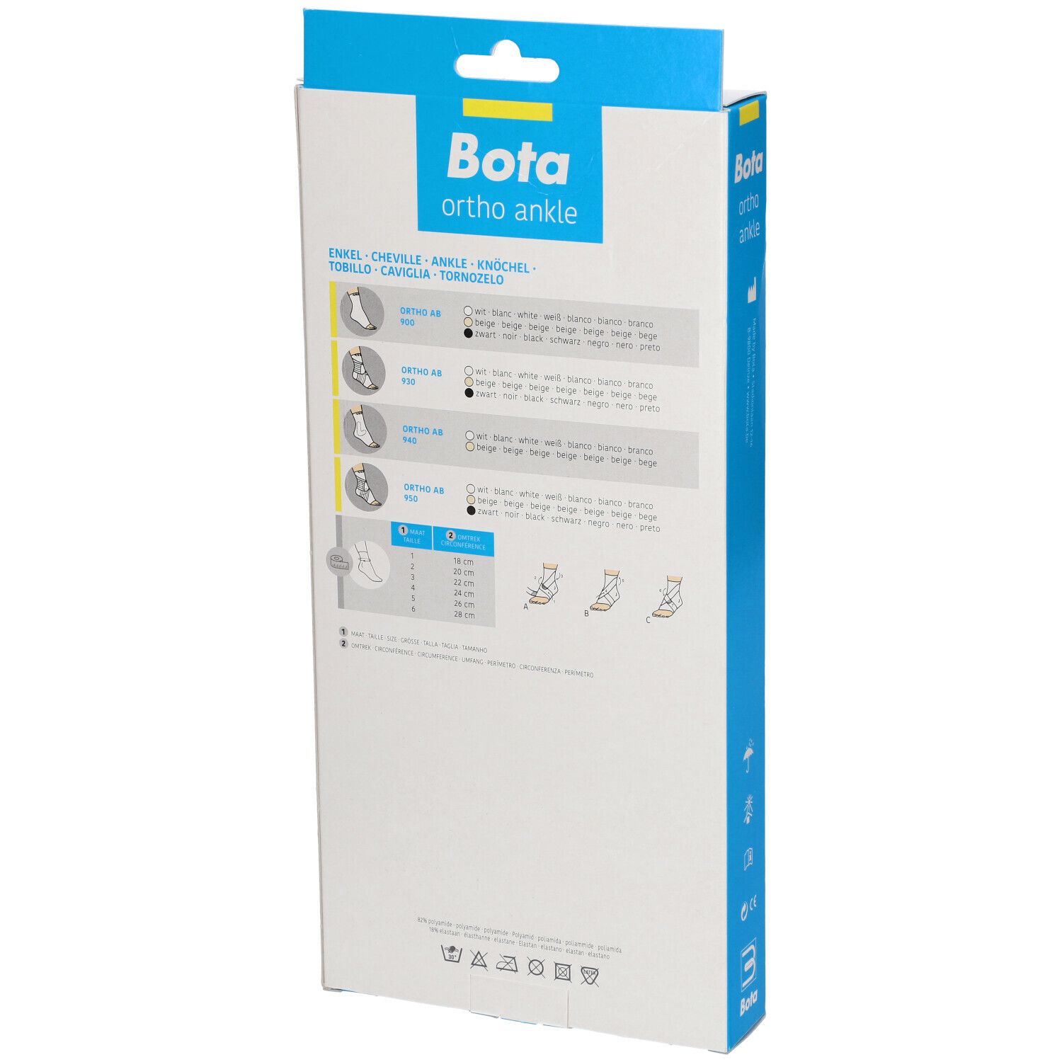 Dos de l'emballage Bota pour cheville. Informations produit, tailles et illustrations.