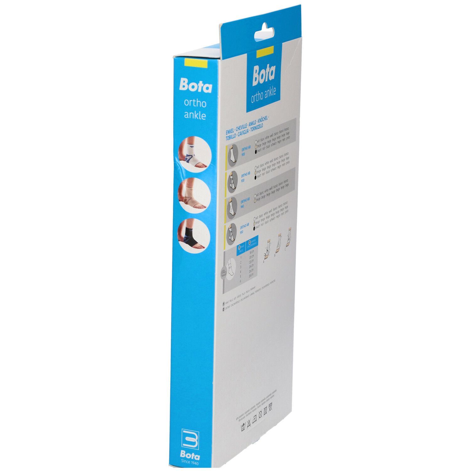 Vue latérale de l'emballage Bota pour cheville. Informations produit, tailles et illustrations.