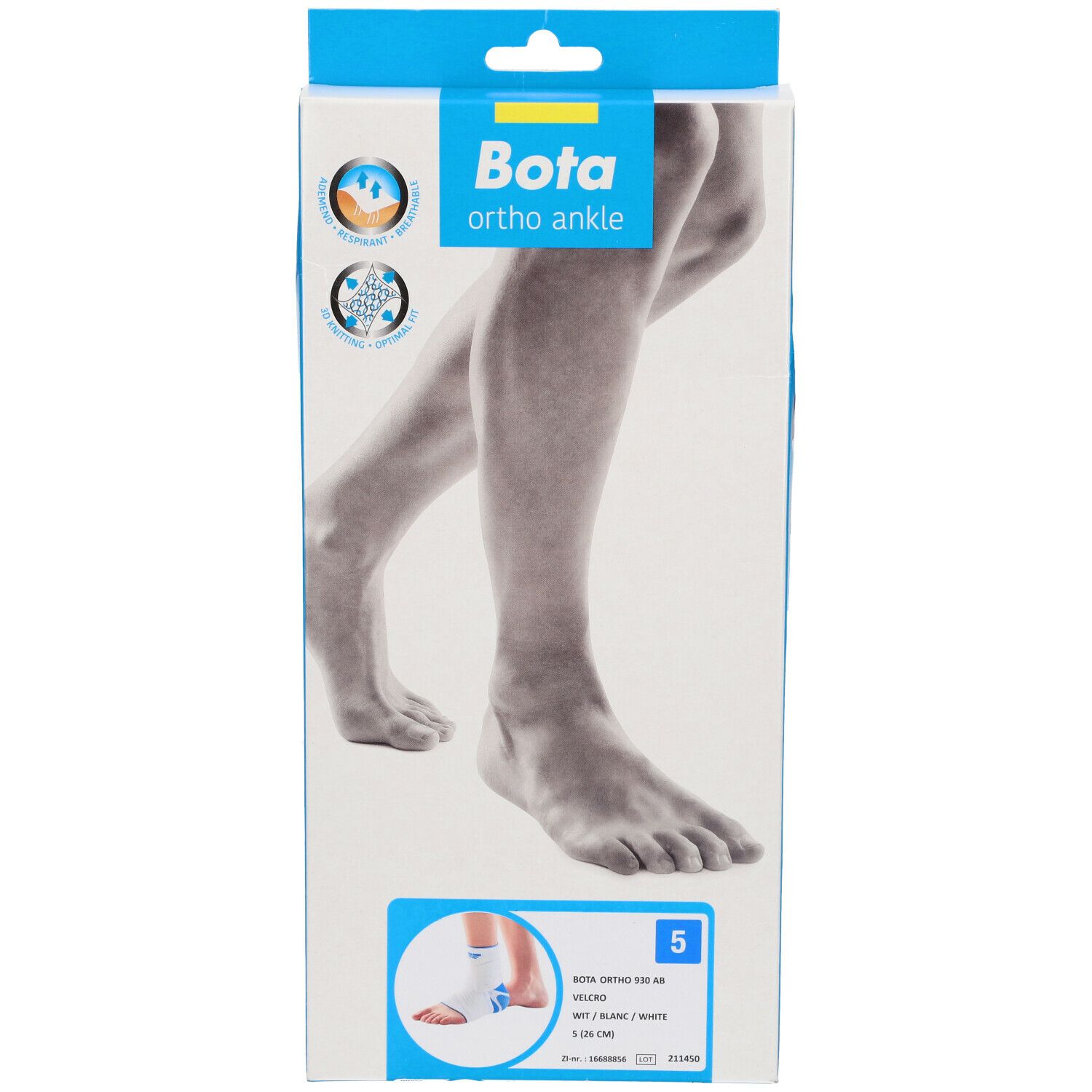 Emballage Bota pour cheville. Illustration d'un pied et d'une cheville. Informations produit et logo.