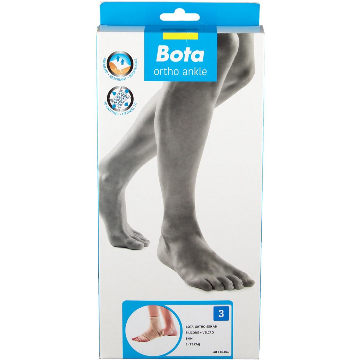 Emballage de l'attelle de cheville Bota Ortho. Illustration d'un pied. Informations produit et indication de taille.